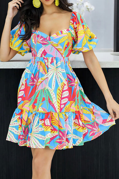 storexq Floral Print Cute Puff Sleeve Ruffle Hem Mini Dress