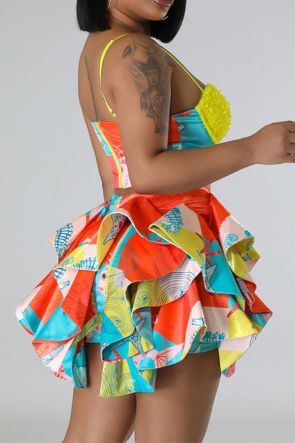 storexq Seaworld Print Cute Tiered Ruffle Dress Suit