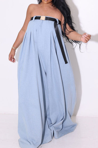 storexq Solid Color Whimsical Wide Leg Jumpsuit With Belt