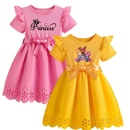 2-Pack Adorable Girls Cartoon Print Dresses - Short Sleeve, Princess Lettering, Butterfly Bow Belt, Hollow-Out Design, Round Neck, Casual Style, Slight Stretch, Polyester Fabric, Alphabets Pattern, Perfect for Summer