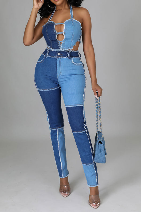 storexq Color Block Burrs Patchwork Unique Cutout Denim Pant Suit