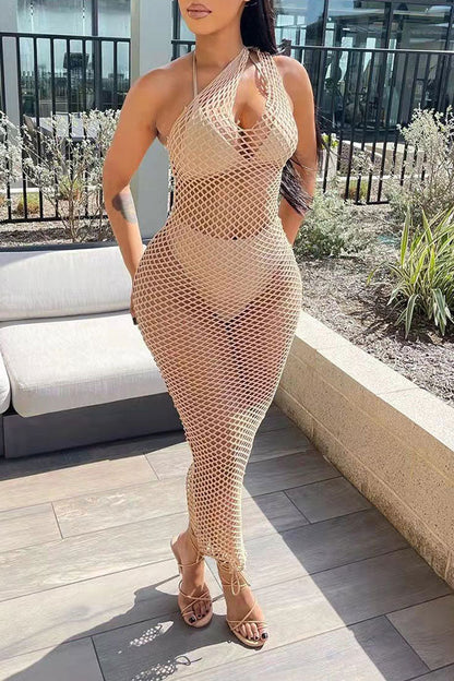 namcoverse Solid Color Casual Fishnet See-Through Maxi Dress Beachwear