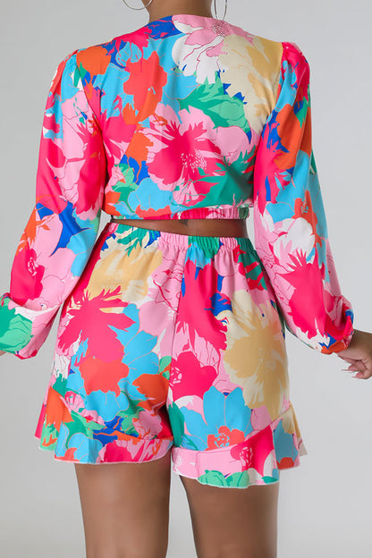 storexq Floral Print Cute Tie Front Pant Suit