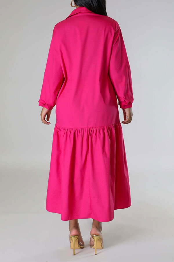 storexq Solid Color Shirt Collar Casual High Low Midi Dress