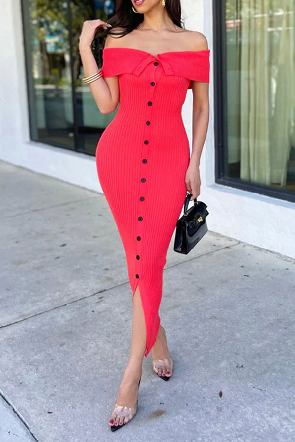 storexq Solid Color Ribbed Flattering Off Shoulder Midi Dress