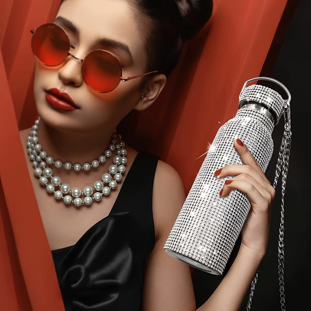 Buy 1 Get 1 Free, total of 2 pcs Glittering Sparkling Studded Insulated Vacuum Flasks - 600ml/20oz Stainless Steel Thermal Water Bottles Set for Hot and Cold Beverages - Perfect Travel Cups for Summer and Winter, Unique Gifts for Friends and Family