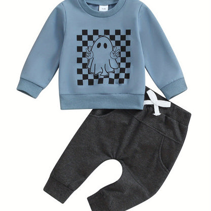 Toddler Boys Fall Outfits Checkerboard Ghost Print Crew Neck Long Sleeve Sweatshirts and Long Pants 2Pcs Halloween Clothes Set