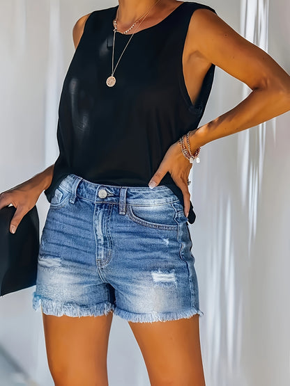 Fashion-Forward Womens Ripped Denim Shorts - Distressed Raw Hem, Trendy Washed Finish, Strategic Ripped Holes, Practical Slash Pockets - Premium Denim Casual Pants for Stylish Wardrobe