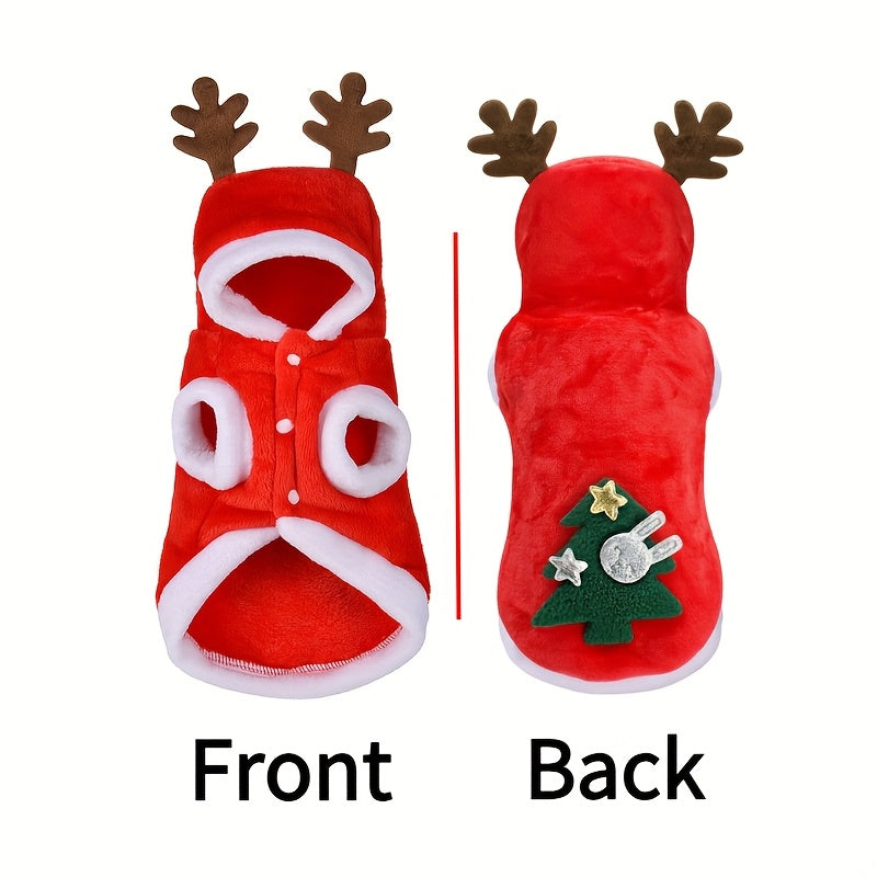 1pc Festive Christmas Dog Costume with Hood - Red Knit Polyester Pullover with Snap Button Closure - Medium Breed - Reindeer Antlers & Green Tree Design - Winter Holiday Apparel for Small to 2XL Dogs