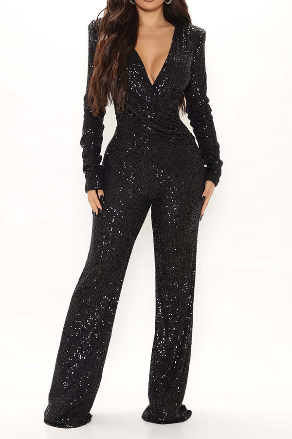 storexq Sequined Glittery Deep V Neck Jumpsuit