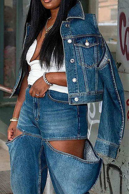 storexq Solid Color Cold Shoulder Stylish Denim Jacket