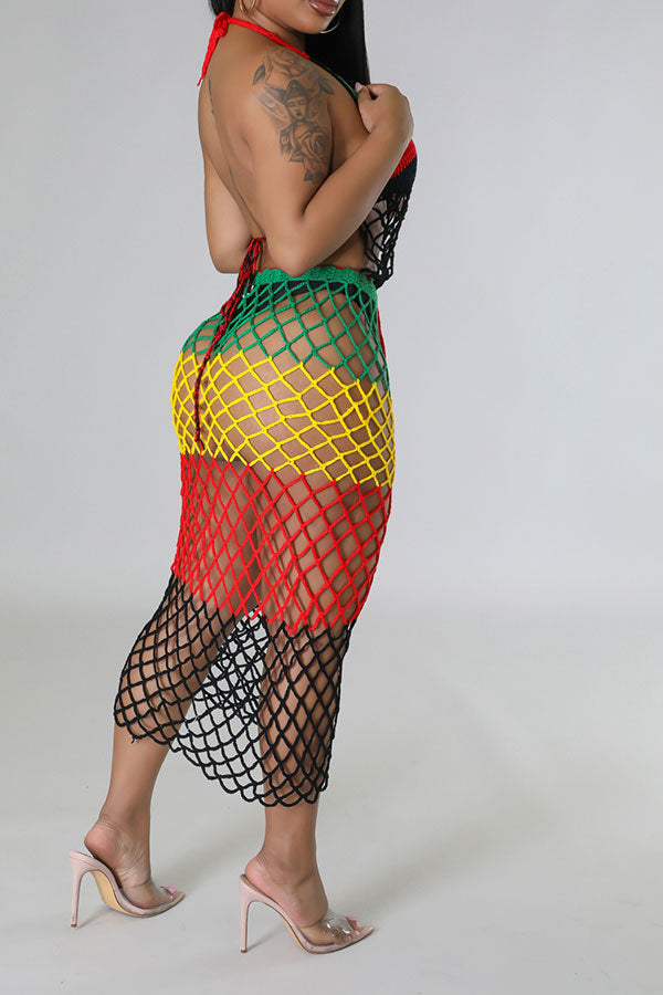 storexq Color Block Pretty Crochet Hollow-Out Skirt Suit Beachwear