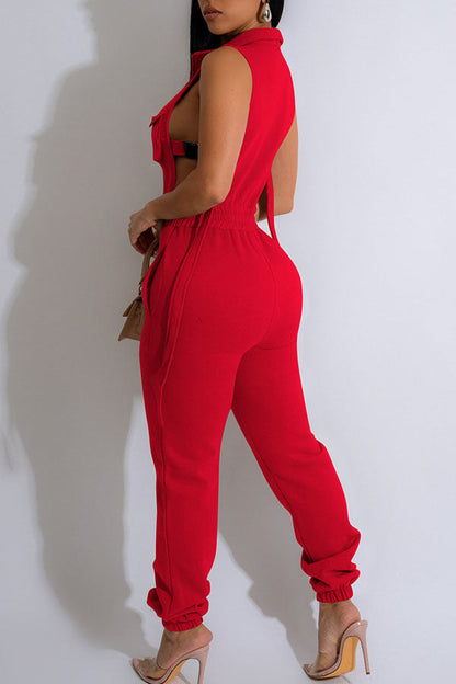 storexq Solid Color Side Buckled Cool Pocket Jumpsuit