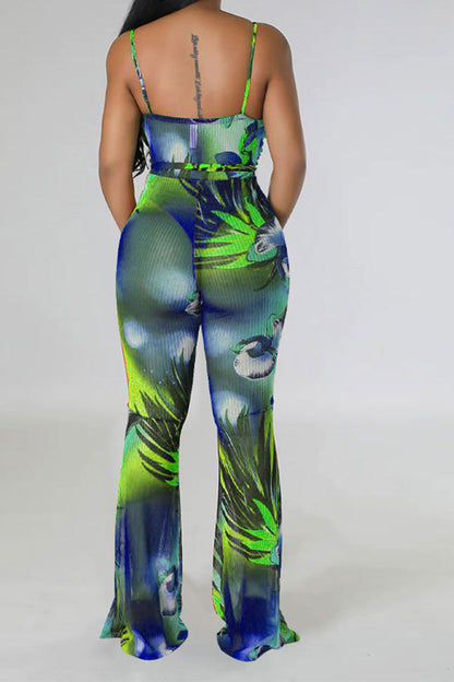 storexq Floral Print Romantic Belted Bell Bottoms Jumpsuit