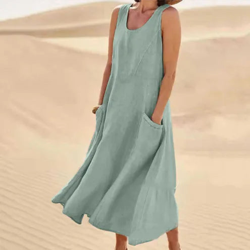 Summer women Casual Dresses pocket sleeveless round neck women's cotton linen dress loose home outdoor skirt cf0 9e0