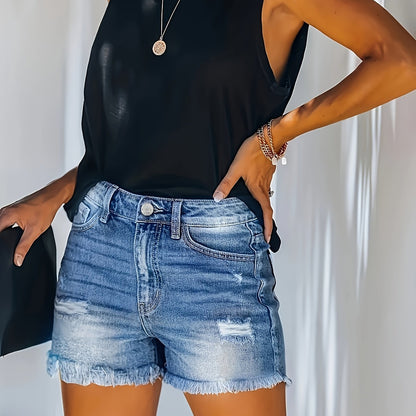 Fashion-Forward Womens Ripped Denim Shorts - Distressed Raw Hem, Trendy Washed Finish, Strategic Ripped Holes, Practical Slash Pockets - Premium Denim Casual Pants for Stylish Wardrobe