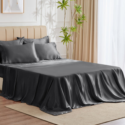 6-Piece Luxurious Satin Sheet Set - Soft, Silky Microfiber, Deep Pocket Fitted Sheet, Flat Sheet, 4 Pillowcases, Smooth, Breathable, Hypoallergenic, and Gentle on Skin