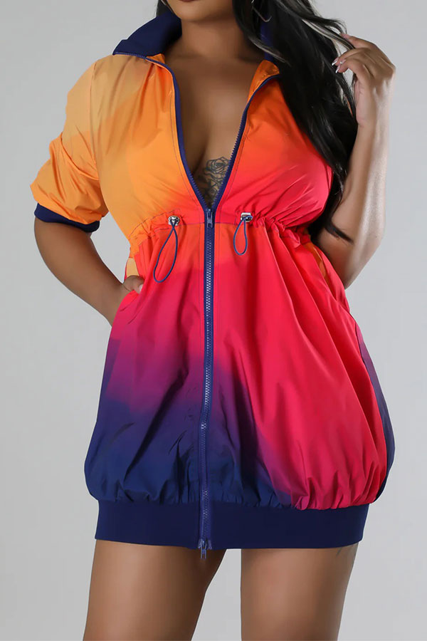 storexq Gradient Casual Drawstring Zipper Mini Dress