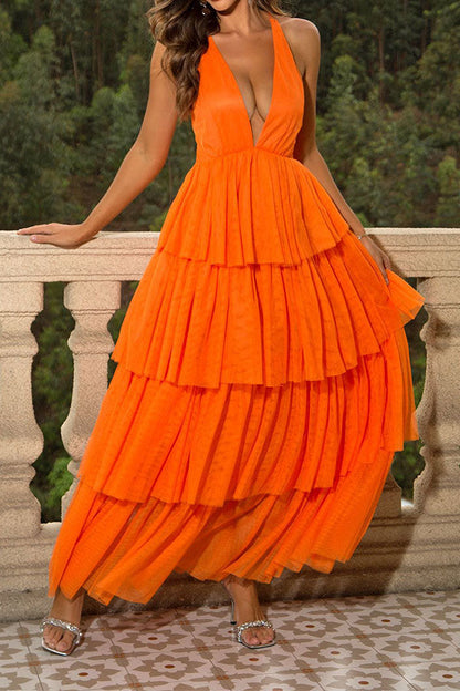 storexq Solid Color Strappy Back Romantic Tiered Maxi Dress