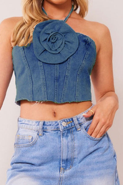 storexq 3D Flower Decor Halter Collar Smart Denim Camisole