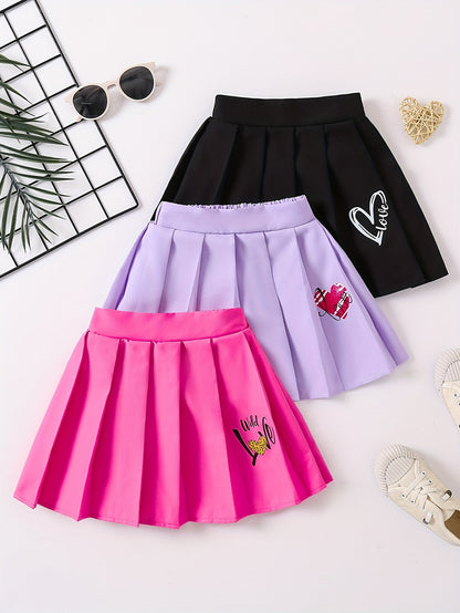 3pcs Girls Heart Graphic Pleated Skirt Set Preppy Style Party Gift