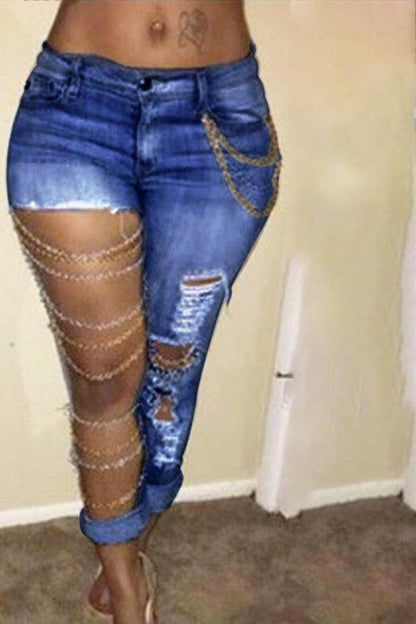 storexq Blue Stylish Cutout Jeans with Chains