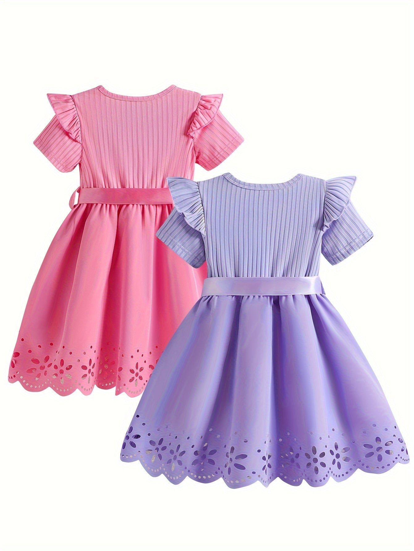 2-Pack Adorable Girls Cartoon Print Dresses - Short Sleeve, Princess Lettering, Butterfly Bow Belt, Hollow-Out Design, Round Neck, Casual Style, Slight Stretch, Polyester Fabric, Alphabets Pattern, Perfect for Summer