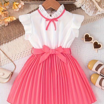 Fashionable Girls Bow Strapped Dress with Ruffle Trim - Adorable Splicing Design for Comfortable Summer Holidays & Parties - A Perfect Gift Idea