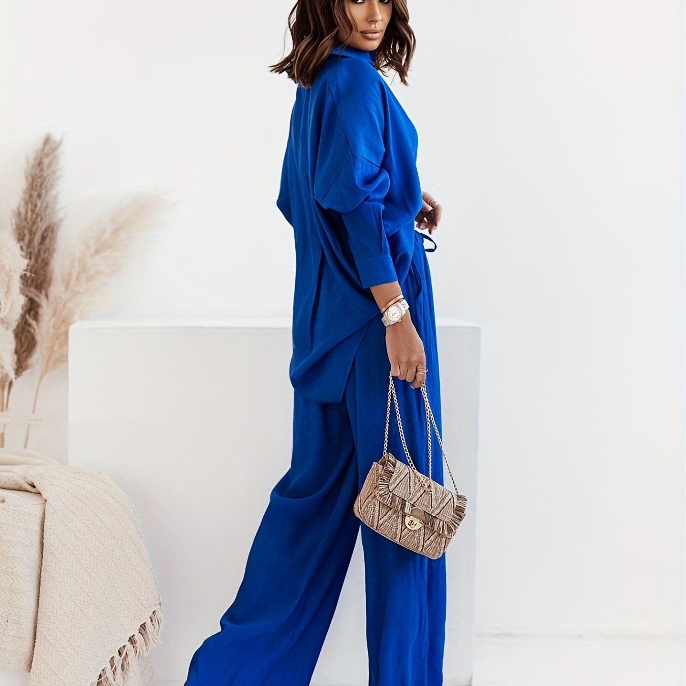 Two-Piece Solid Color Casual Outfit - Long Sleeve Lapel Collar Shirt & High Waist Wide Leg Pants Set with Drawstring Details - Polyester Knit Fabric, Mid Elasticity, Spring/Fall Wear