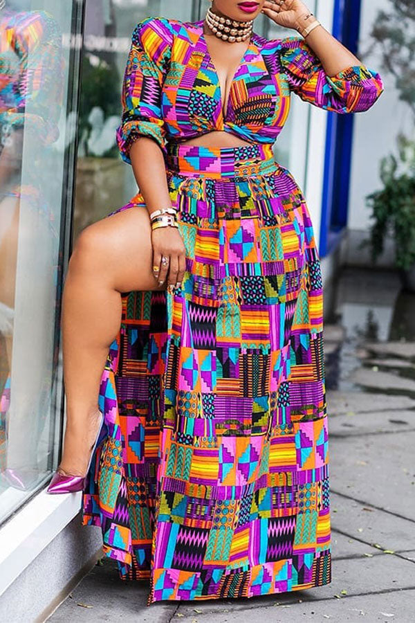 storexq Geometric Print Colorful Twisted High Split Dress Suit