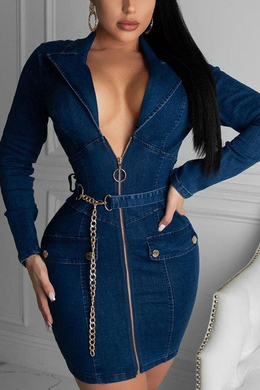 namcoverse Blue On-trend Zipper Denim Mini Dress