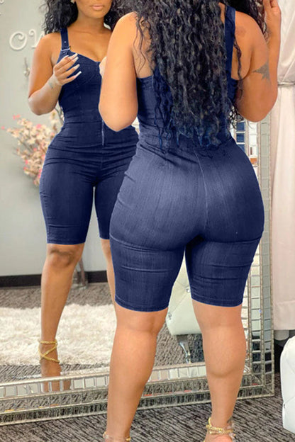 storexq Solid Color Modern Bodycon Denim Romper