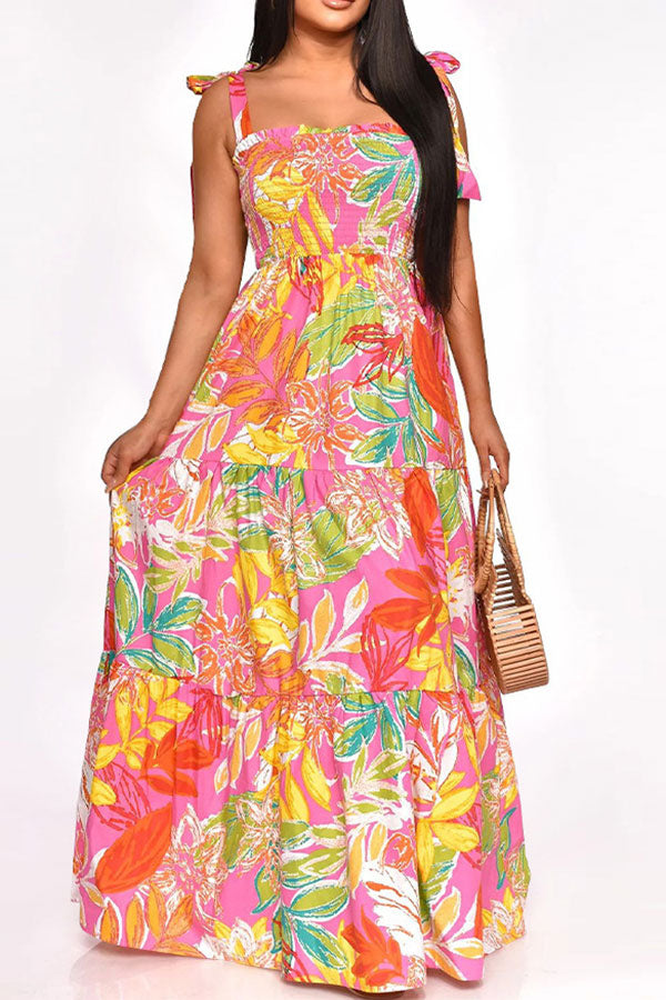 namcoverse Leaf Print Strap Shirred Undeniable Tiered Ruffle Maxi Dress