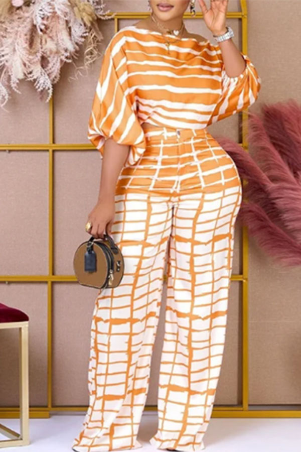 storexq Striped Puff Sleeve Laid Back Wide Leg Pant Suit