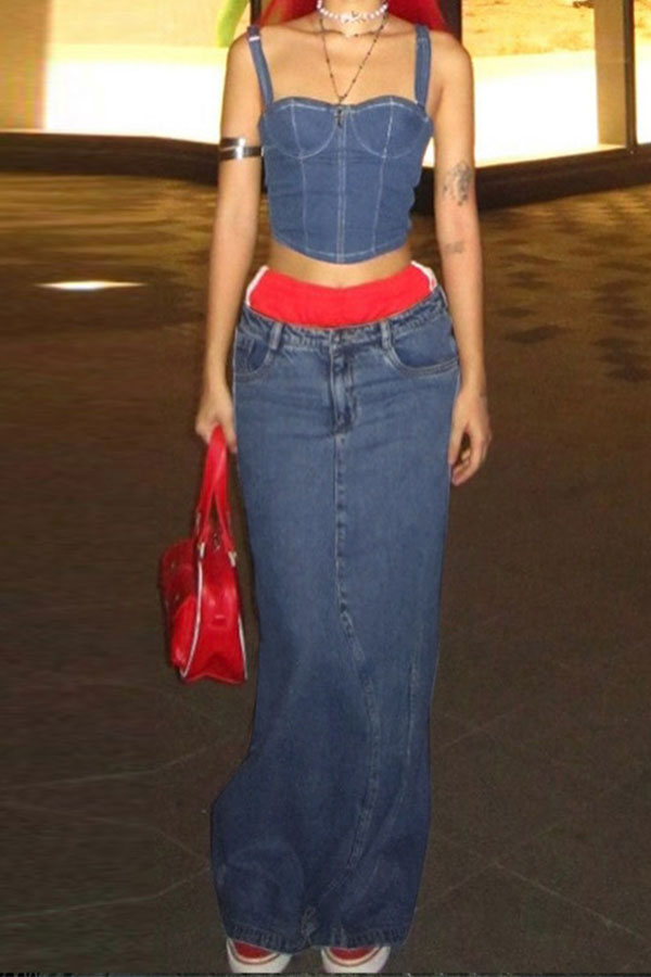 storexq Solid Color Feminine Denim Camisole & Skirt