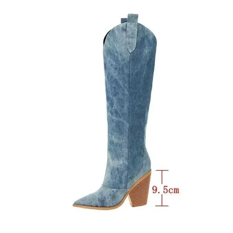 Boots Denim Western Women Knee Thigh High New  Autumn Winter Heel Cowboy Long Size 43 Slip on Woman Shoes H240516