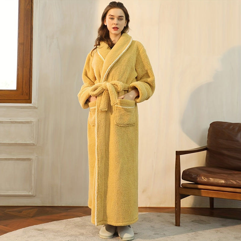 1pc Luxurious Autumn Winter Bathrobe - Plush Unisex Pajamas, Extra Thickened & Warm, Large Size Long Sleeve Robe with Handy Pockets - Ultimate Cozy Home Wear for Indoor Comfort, Essential Bathroom Supplies