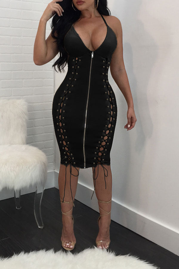 namcoverse Solid Color Hot Eyelets Strappy Cutout PU Mini Dress