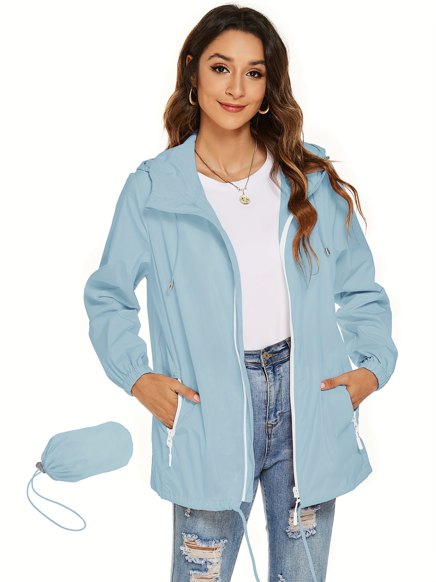 Waterproof Lightweight Raincoat for Women - Breathable Hooded Jacket with Pockets and Reflective Strip for Outdoor Active Windbreaker and Rainy Days - Ideal for Hiking, Camping, and Travel