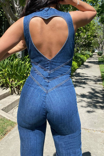 storexq Solid Color Urban Open Back Denim Jumpsuit