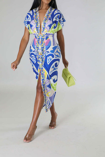 storexq Tribal Print Feminine Draped High Split Midi Dress