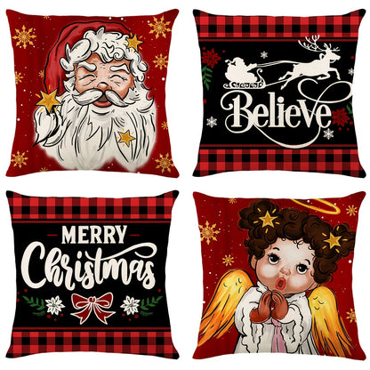 4 Pcs/set Christams Throw Pillow Cover With Four Design: Plaid Trees, Bows, And Messages Like Merry & Bright, Let It Snow; Red Black & White Tones Creates Cozy Holiday Feel, Home Decor, 17.7*17.7inch