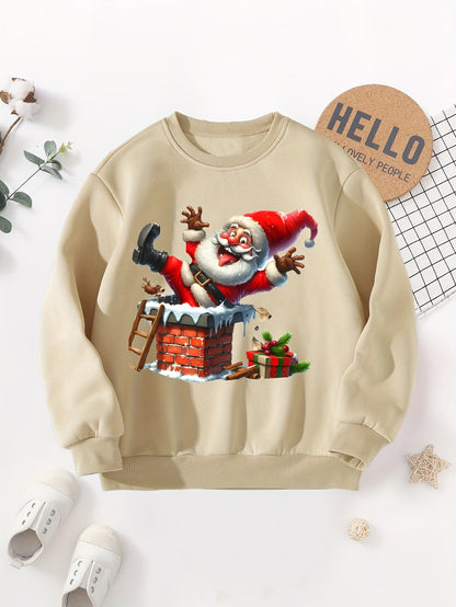 Boys' Cozy Fleece-Lined Christmas Sweatshirt with Santa & Chimney Print - Casual Long Sleeve Pullover for Fall/Winter