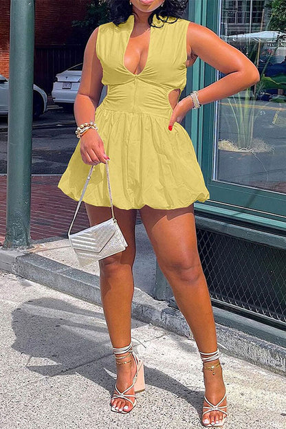 storexq Solid Color Cutout Girly Bubble Mini Dress