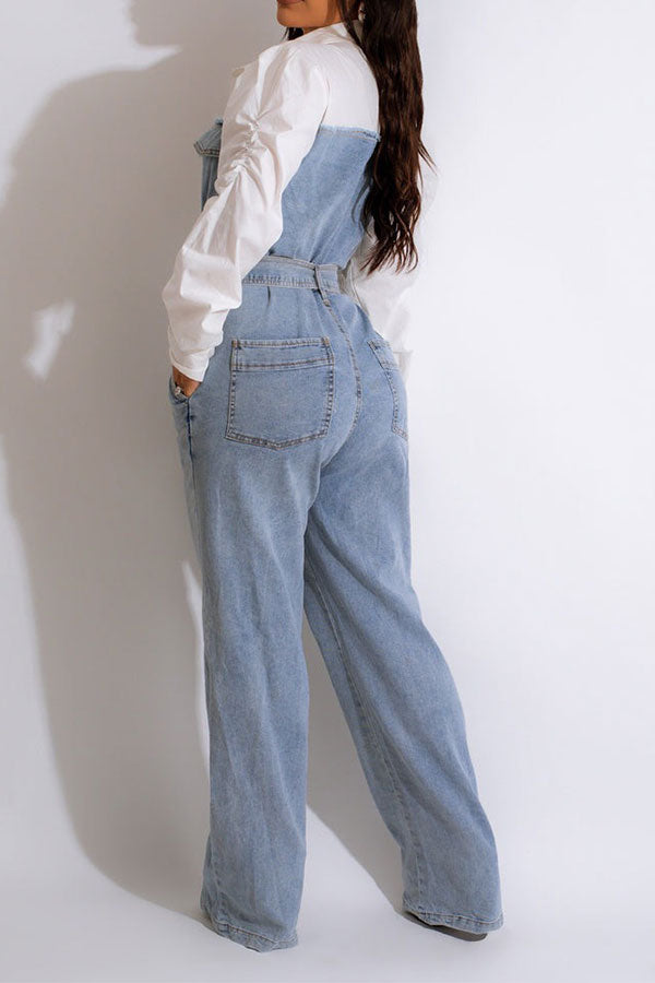 storexq Color Block Denim Patchwork Stylish Belted Jumpsuit