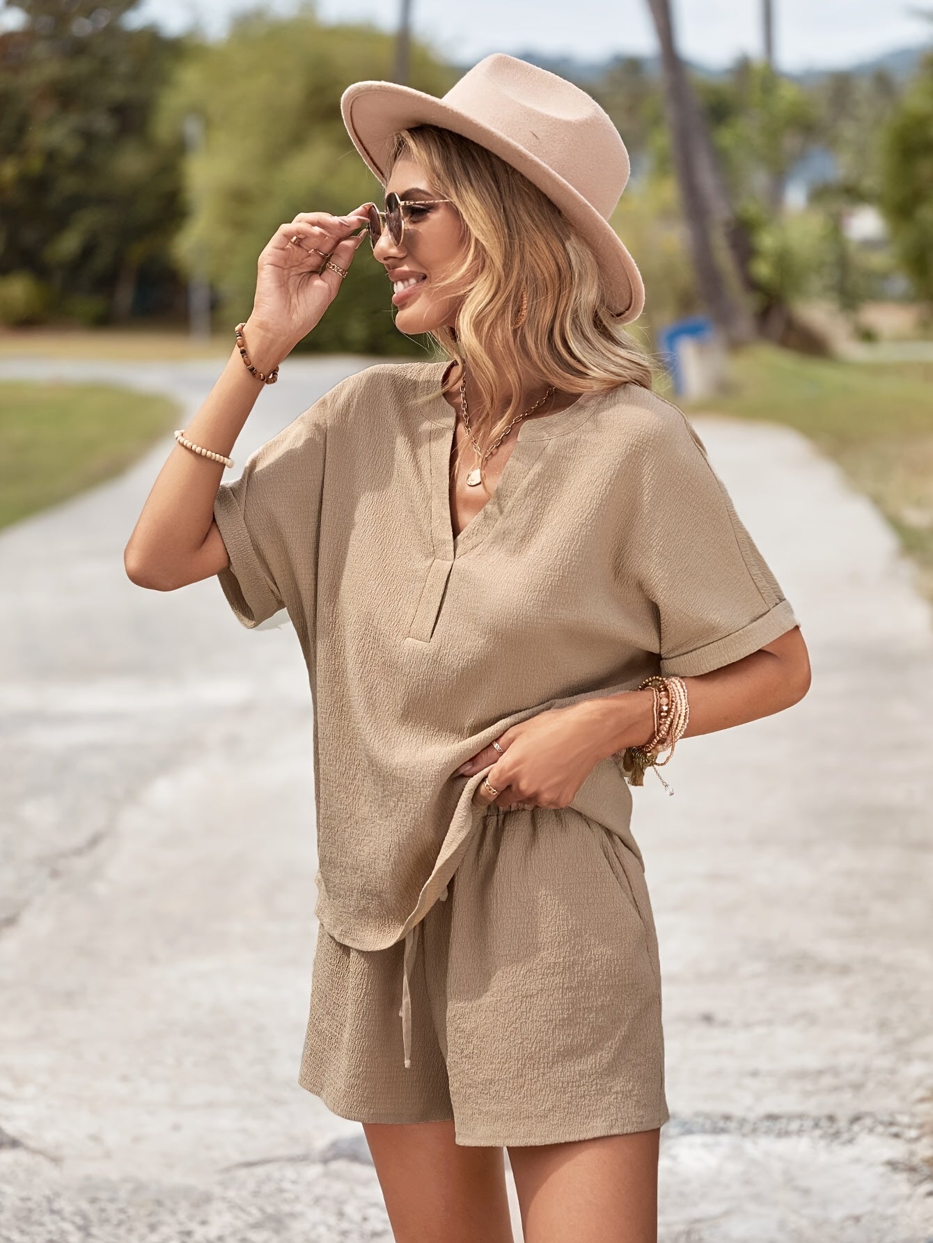 2-Piece Elegant Outfit - Vibrant Solid Color, Flattering Notched Neck, Short Sleeves, Adjustable Drawstring Waist, Relaxed Blouse & Flowy Shorts - Exclusively Designed for Womens Clothing