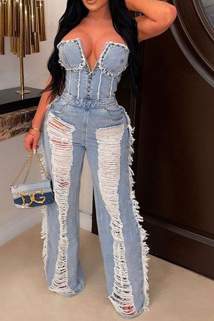 storexq Rivet Decor Undeniable Ripped Burrs Denim Jumpsuit