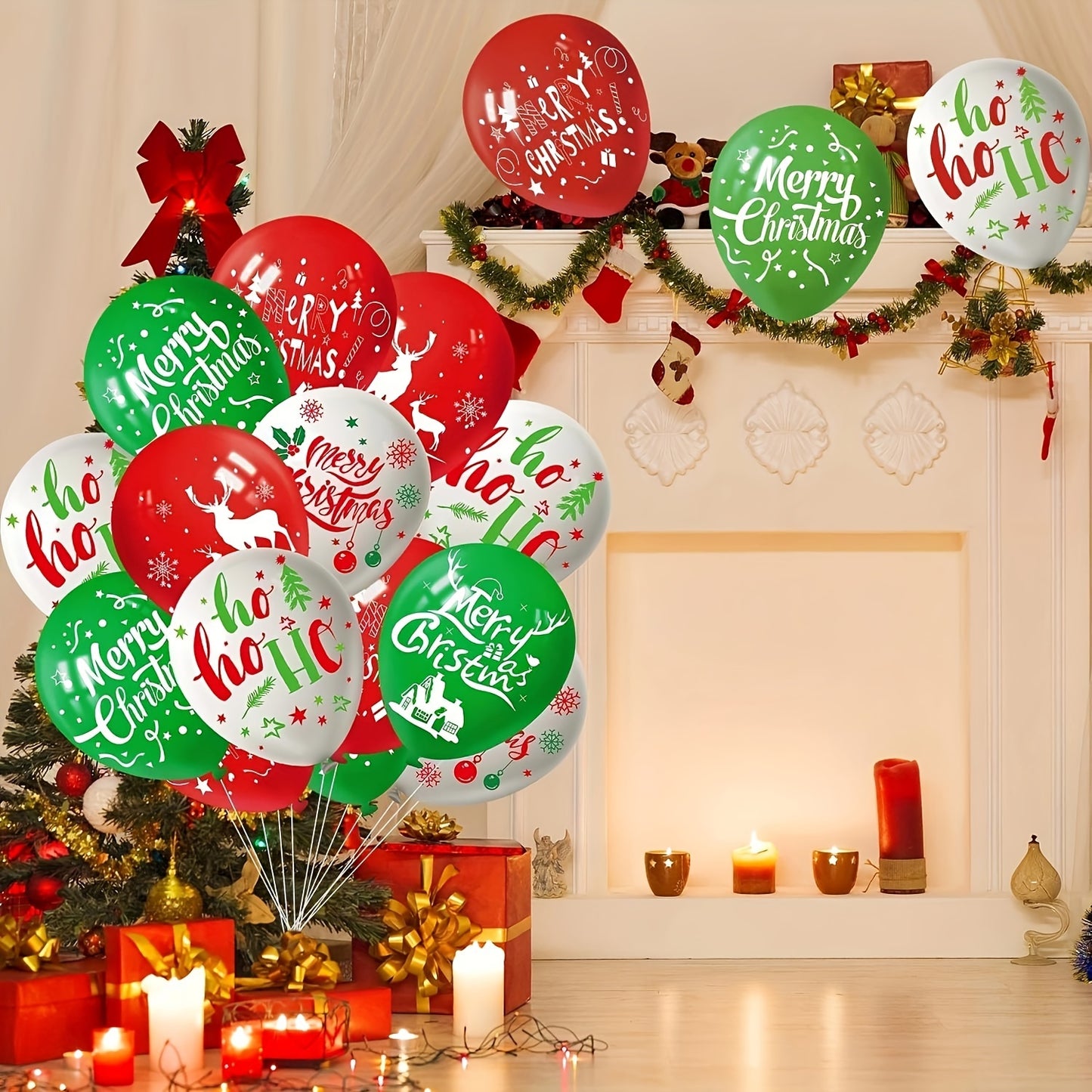 18pcs Christmas Party Balloon Set - 12" Green, Red & White Latex with Reindeer & Tree Prints for Festive Decorations