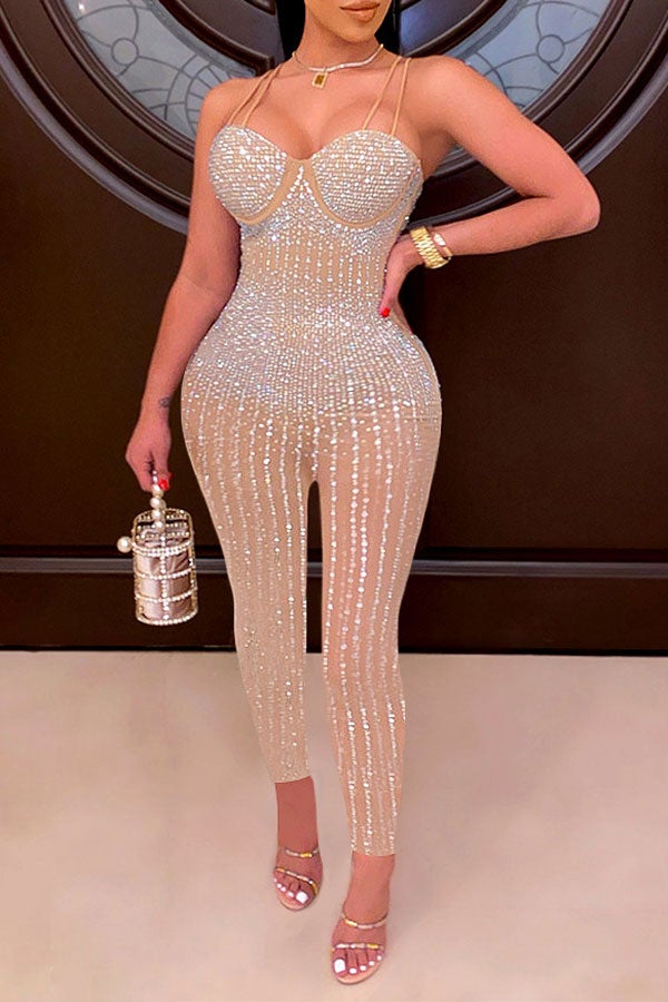 storexq Rhinestone Shimmery See-Through Jumpsuit