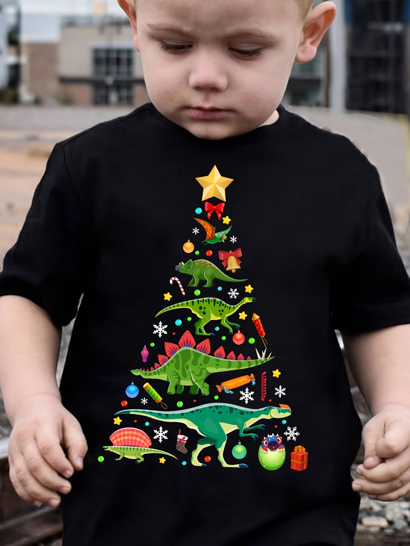 Boy's Short Sleeve Slightly Stretch Crew Neck T-shirt, Christmas Dinosaurs Pattern Print Tee For Summer Outdoor